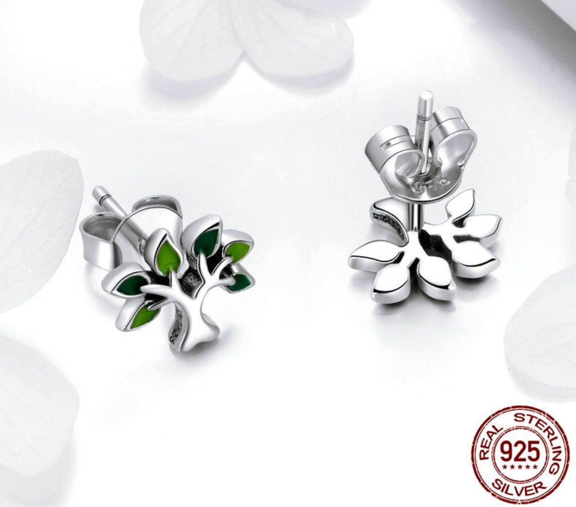 925 Sterling Silver Tree of Life Stud Earrings Tree Leaves Fashion Silver Jewelry