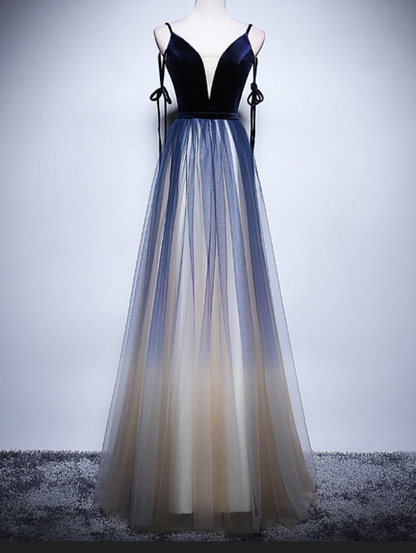 A-line Gown Elegant Robe De Soiree Blue Velour With Tulle V-neck Long Dress