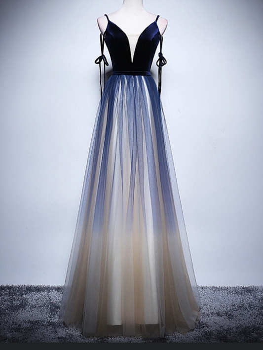 A-line Gown Elegant Robe De Soiree Blue Velour With Tulle V-neck Long Dress