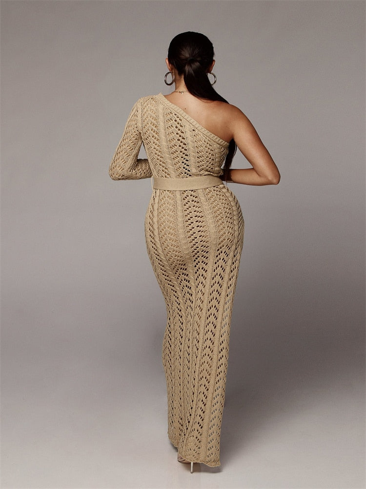 Sexy High Slit Knitted Dress One Shoulder Hollow Out Crochet Dresses  Long Crocheted Dress