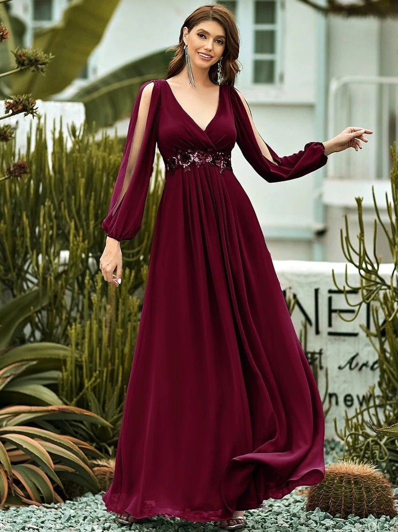 Elegant Evening Dresses Chiffon Long A-LINE long sleeves V-neck