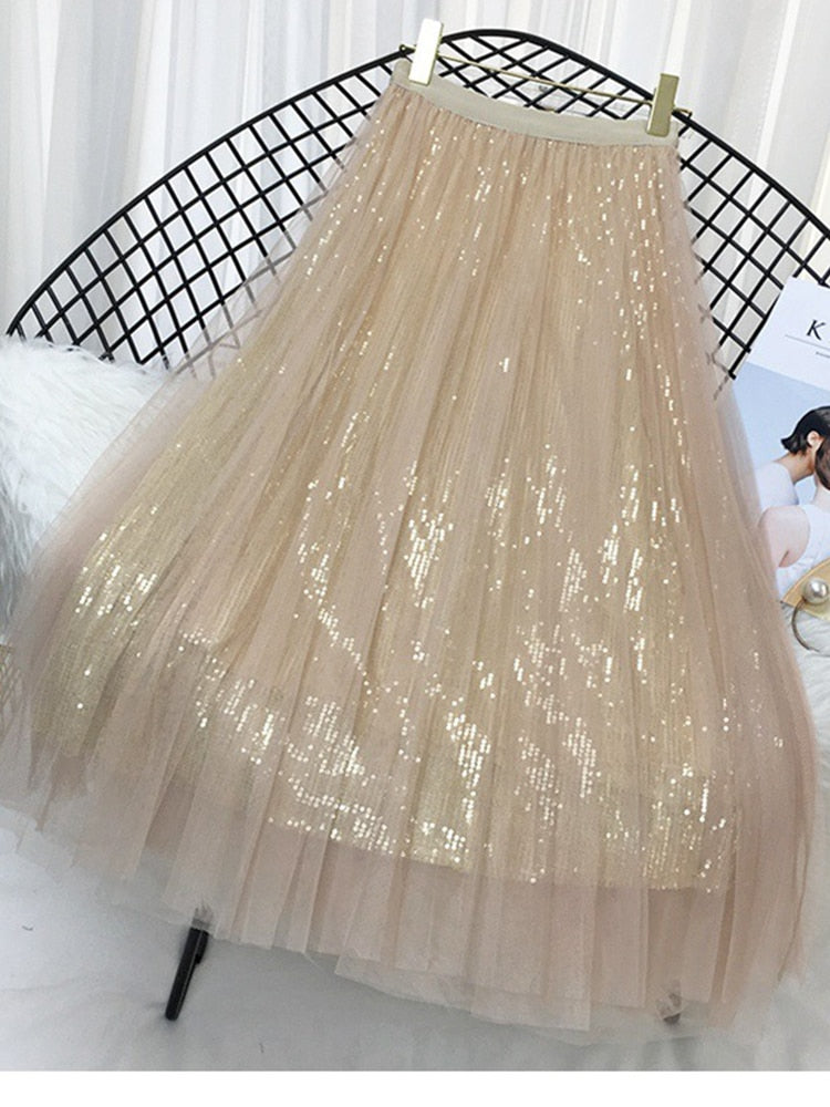 Fashion Sequined Long Tulle Skirt Women Aesthetic  Casual A Line Elastic High Waist Midi Mesh Skirt