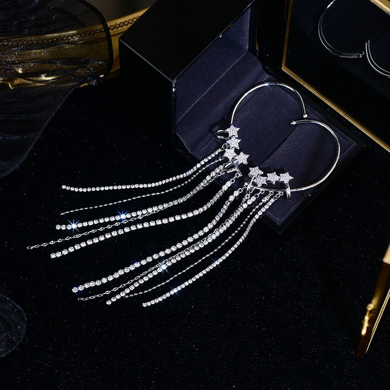 Fashion Sparkling Long Tassel Crystal Stars Ear Clip Without Piercing Exquisite Light Luxury Jewelry