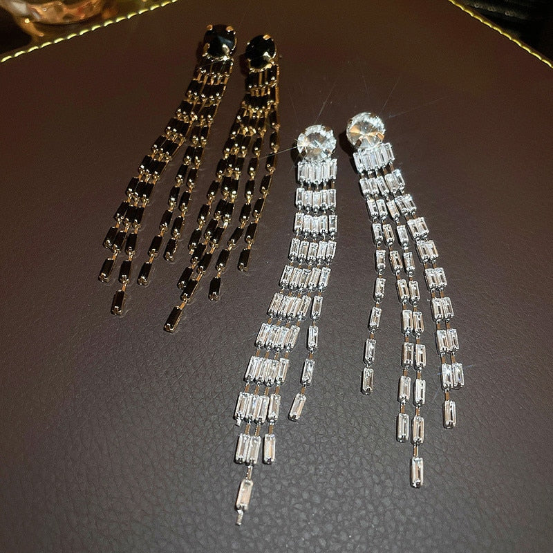 Fashion Long Tassel Crystal Drop Earrings Geometric Black Silver Color Crystal Earrings Statement Jewelry