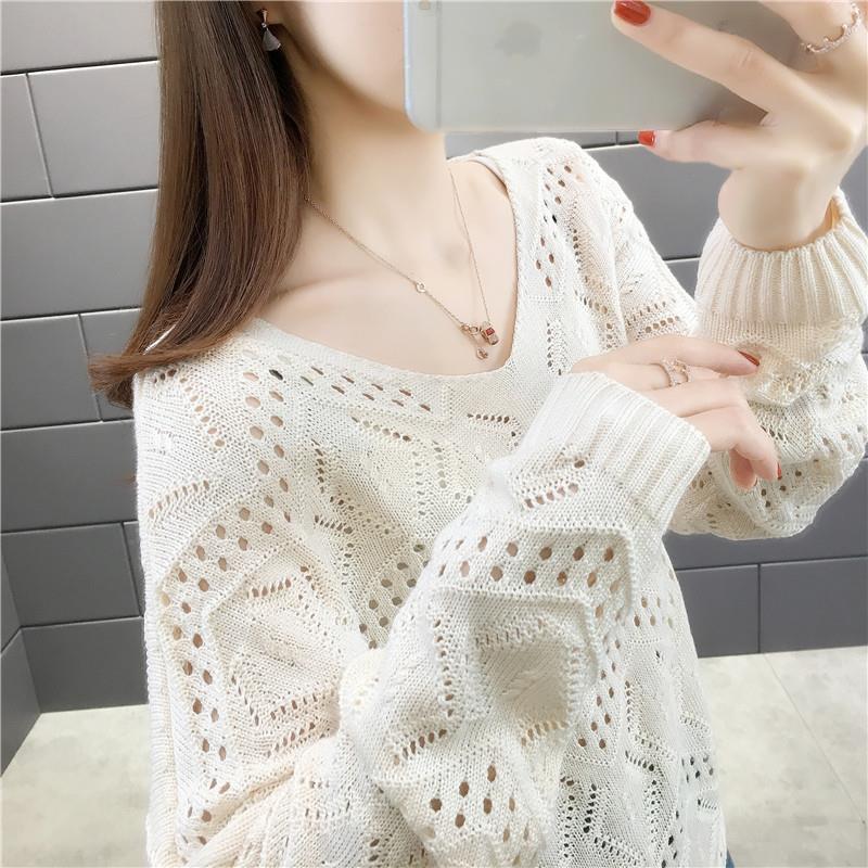 Korean Style Sweet Solid V-neck Hollow Out Jumper Sweater