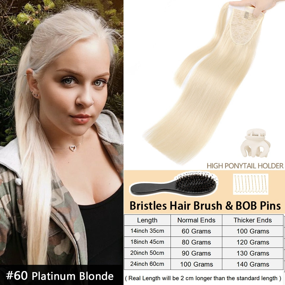 Ponytail Human Hair Remy Ponytail Hair Extension Wrap Around Natural Real Hair Straight