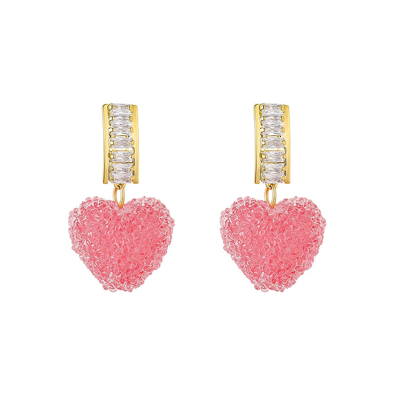 Trendy Lovely Pink Heart Dangle Earrings Fashion Cute Sweet Crystal Jewelry