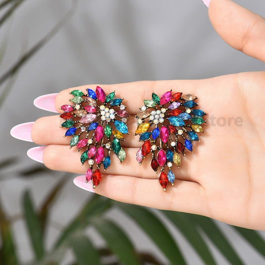 Big Vintage Ear Stud Earrings Hollow Out Metal Luxury Colorful Crystal Irregular Elegant Jewelry