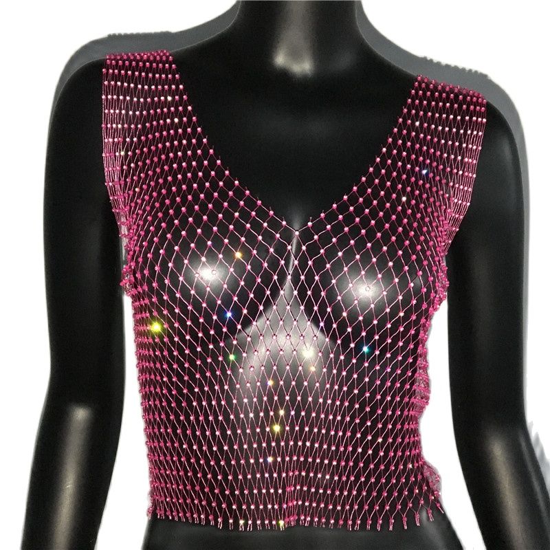 Sexy Diamonds Mesh Cropped Tank Top Cover Up Bikini See Through