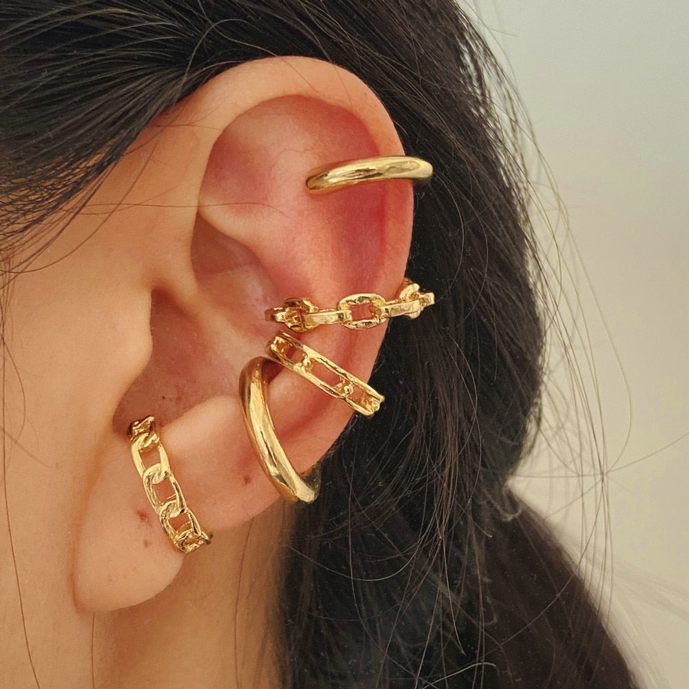 Gold Leaves Ear Cuff Black Non-Piercing Ear Clip Earrings Fake Cartilage Earring