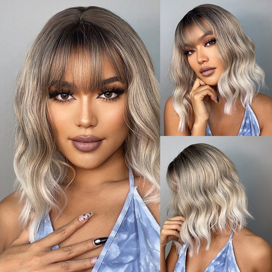 Ombre Brown Blonde Synthetic Wigs Short Wavy Bob Wig  with Bangs Body Lolita Natural Hair Heat Resistant