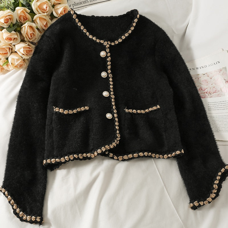 Mink Cashmere Loose Sweater Cardigan Jacket Women Autumn and Winter Bright Silk Stripe Thicken Short Knitted Coat Top