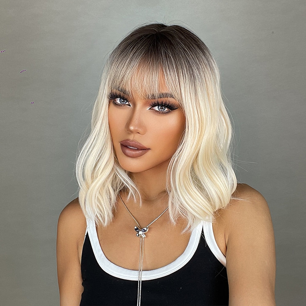 Ombre Brown Blonde Synthetic Wigs Short Wavy Bob Wig  with Bangs Body Lolita Natural Hair Heat Resistant