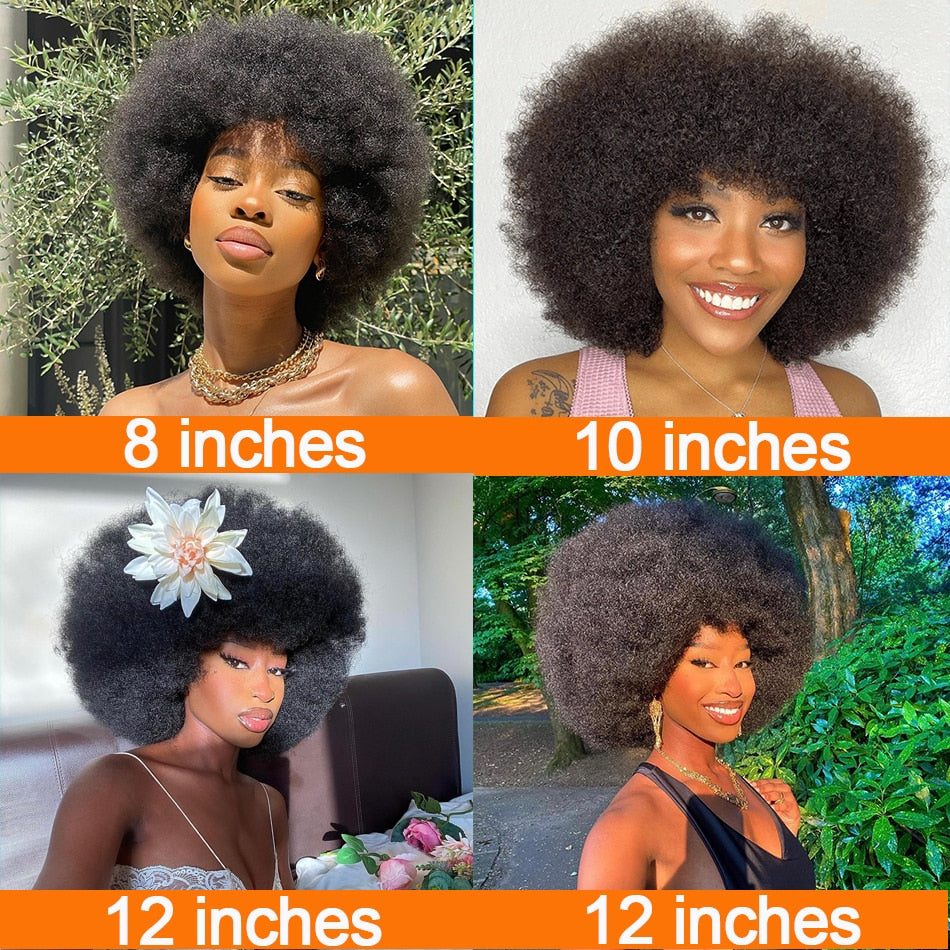 Fluffy Afro Kinky Curly Human Hair Wig With Thick Bangs For Black Women 180% Density Full Machine Hair