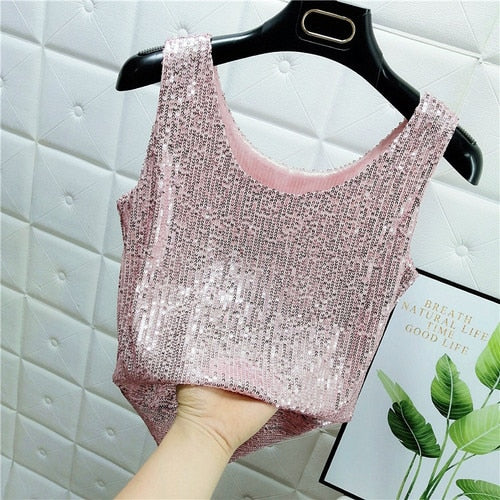 Sparkling Sequins Round Neck Vest  Bright Silk Fashion Glitter Bottoming Shirt Suspender Top