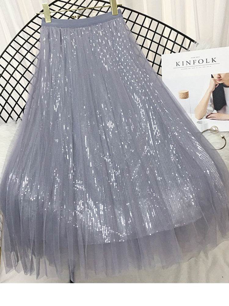 Fashion Sequined Long Tulle Skirt Women Aesthetic  Casual A Line Elastic High Waist Midi Mesh Skirt