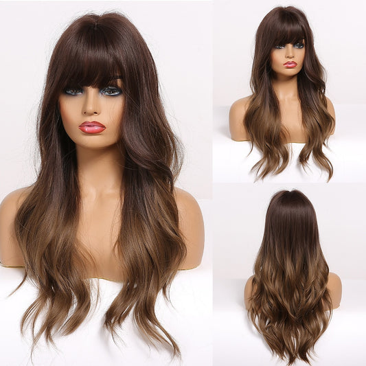 Long Wavy Synthetic Wigs With Long Bangs Brown Natural Hair Wig Heat Resistant Fiber Wig