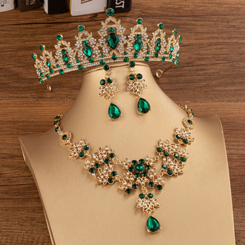 Luxury Crystal Beads Costume Jewelry Sets Floral Rhinestone Choker Necklace Earrings Tiaras Wedding Jewelry Set