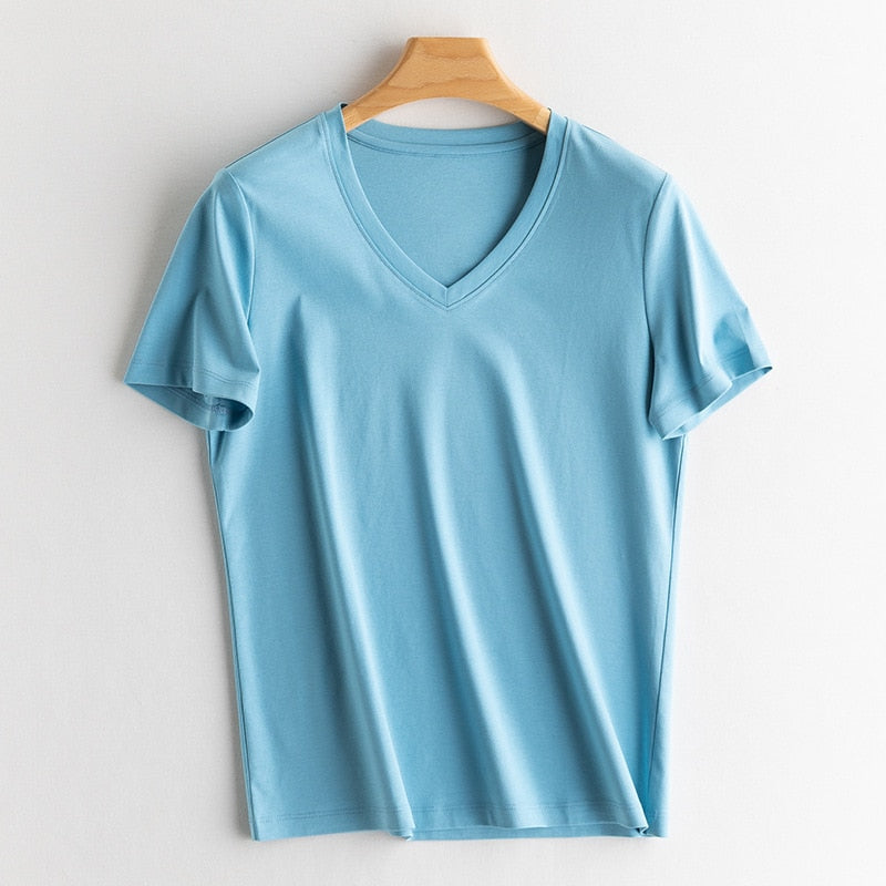 Solid T shirts Silk Cotton Blend Plain O neck Short Sleeved Tee