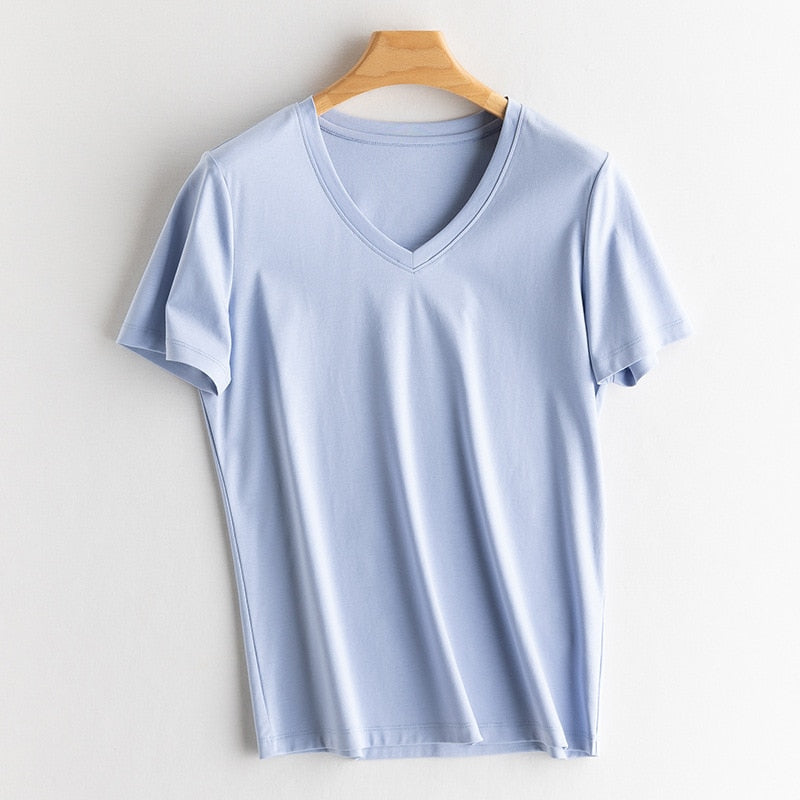 Solid T shirts Silk Cotton Blend Plain O neck Short Sleeved Tee