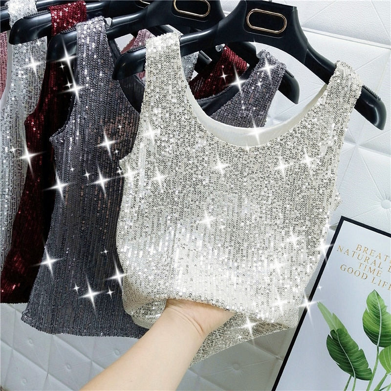 Sparkling Sequins Round Neck Vest  Bright Silk Fashion Glitter Bottoming Shirt Suspender Top