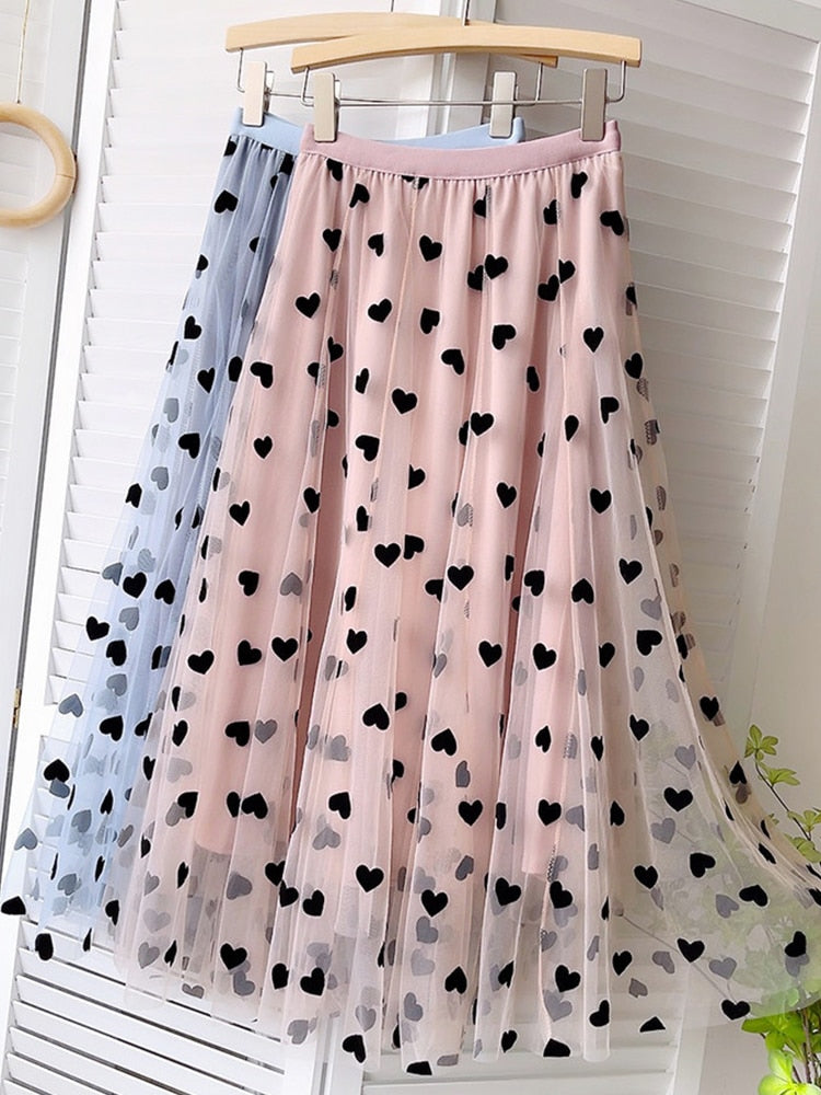 Tulle Maxi Skirt Women Cute Heart Pattern Flocking Mesh Big Hem High Waist Long Skirt