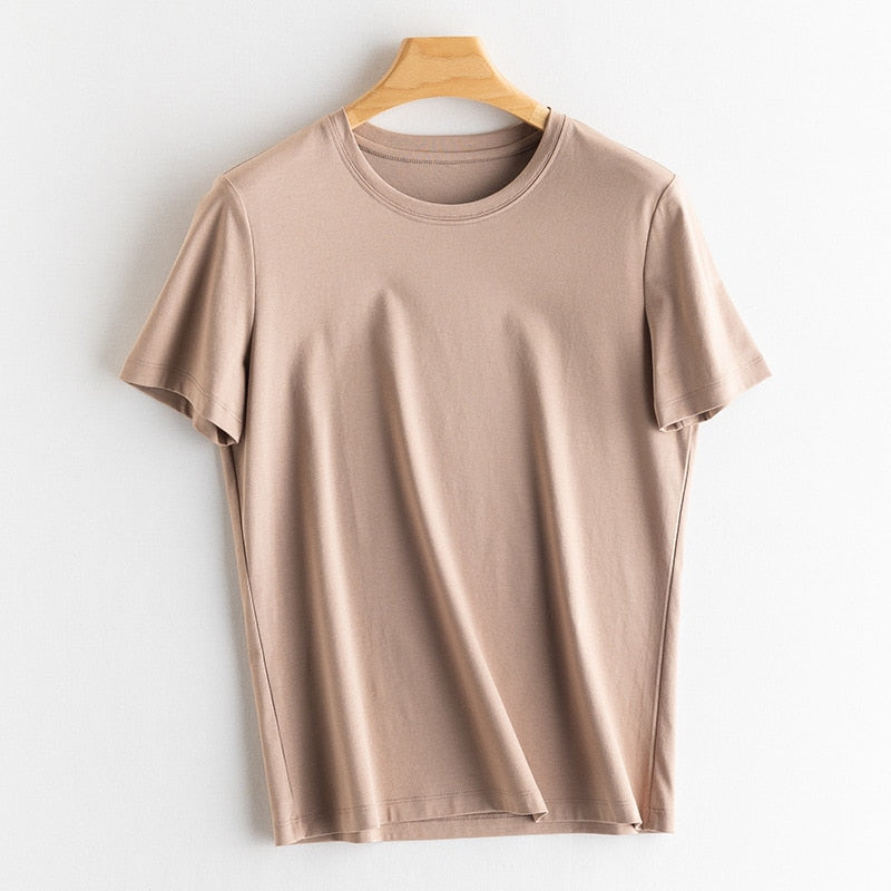 Solid T shirts Silk Cotton Blend Plain O neck Short Sleeved Tee