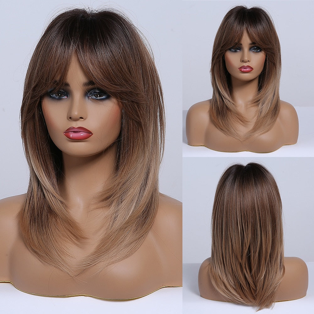 Ombre Brown Synthetic Wigs Short Wavy Bob Wig  with Bangs Body Lolita Natural Hair Heat Resistant