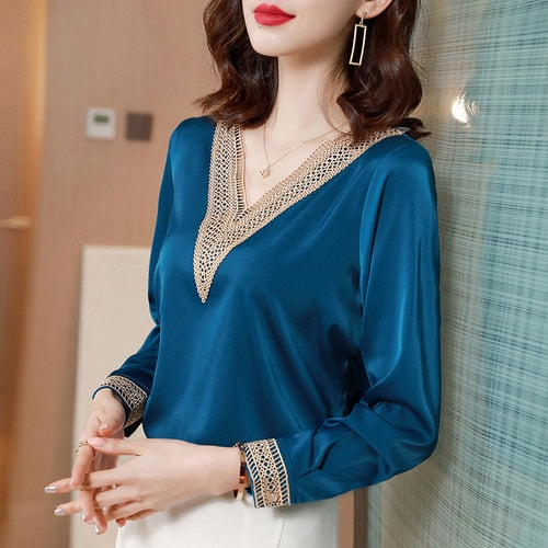 Long Sleeve Blouse Women Blusas Mujer De Moda V-Neck Solid Chiffon Blouse Shirt