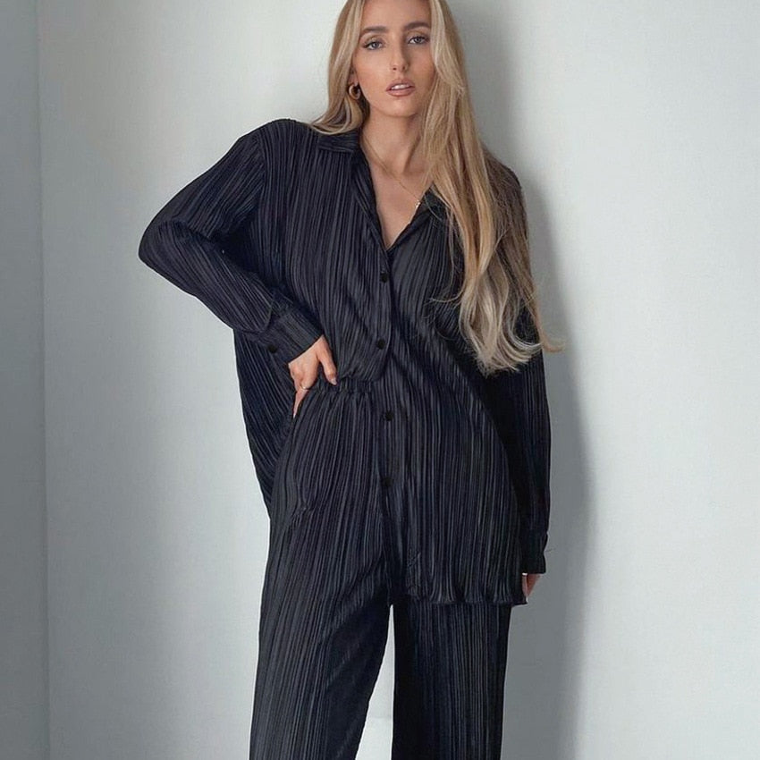 Long Sleeve Shirt Tops and Wide Leg Pants Elegant Tracksuit Two Piece Set