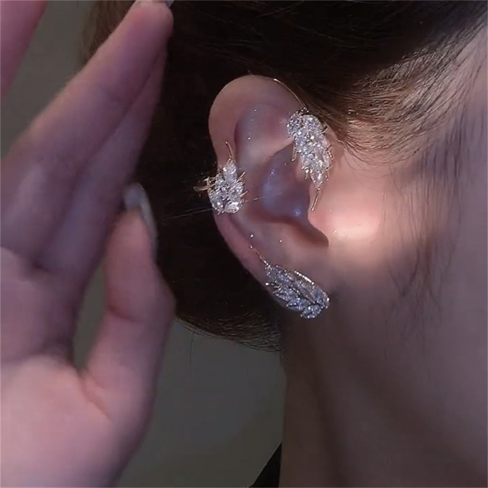 Sparkling Metal Leaf Feather Ear Clips Without Piercing Earrings Fashion Jewelry