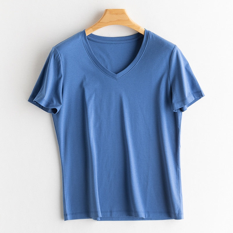 Solid T shirts Silk Cotton Blend Plain O neck Short Sleeved Tee