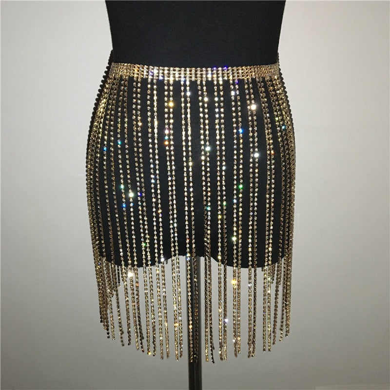 Glitter Rhinestone Long Tassel Jewel Skirts Crystal Diamonds Fringe Adjustable Sexy Mini Skirt