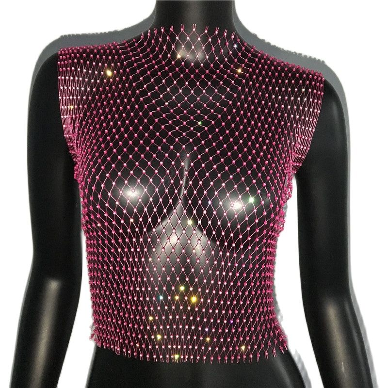 Sexy Diamonds Mesh Cropped Tank Top Cover Up Bikini See Through