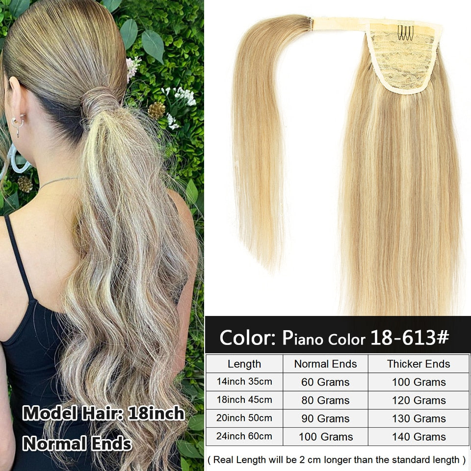 Ponytail Human Hair Remy Ponytail Hair Extension Wrap Around Natural Real Hair Straight