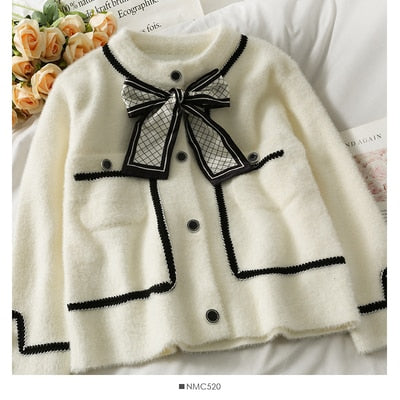 Mink Cashmere Loose Sweater Cardigan Jacket Women Autumn and Winter Bright Silk Stripe Thicken Short Knitted Coat Top