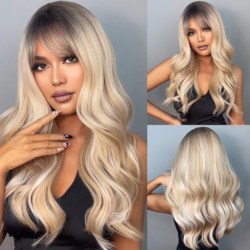 Long Wavy Blonde Ombre Synthetic Wigs With Long Bangs Natural Hair Wig Heat Resistant Fiber Wig