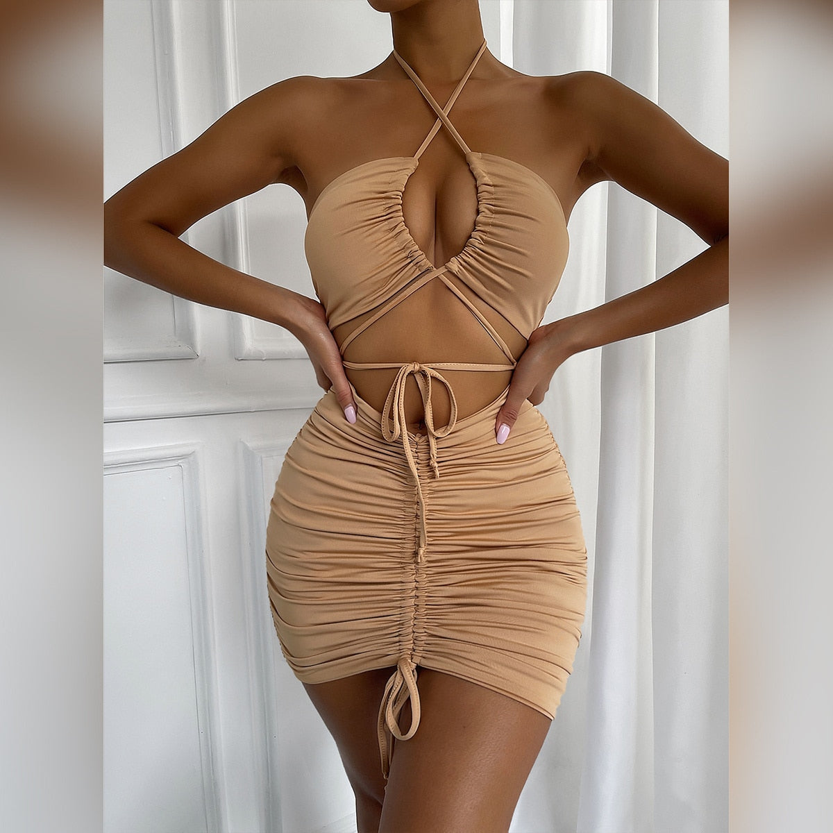 Sexy Bodycon Dresses Hollow Out Vestidos Elegant Halter Backless Drawstring Ruched Mini Dress