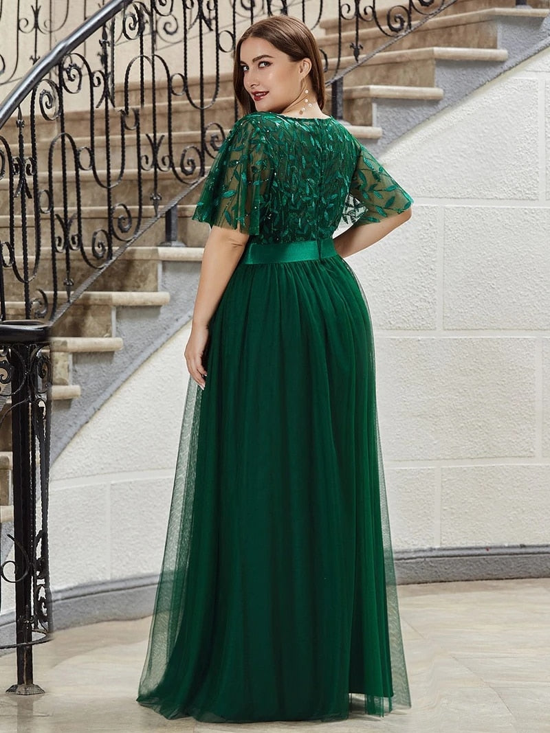 Elegant Evening Dresses O-Neck Sequin Tulle Print Floor Length Dress