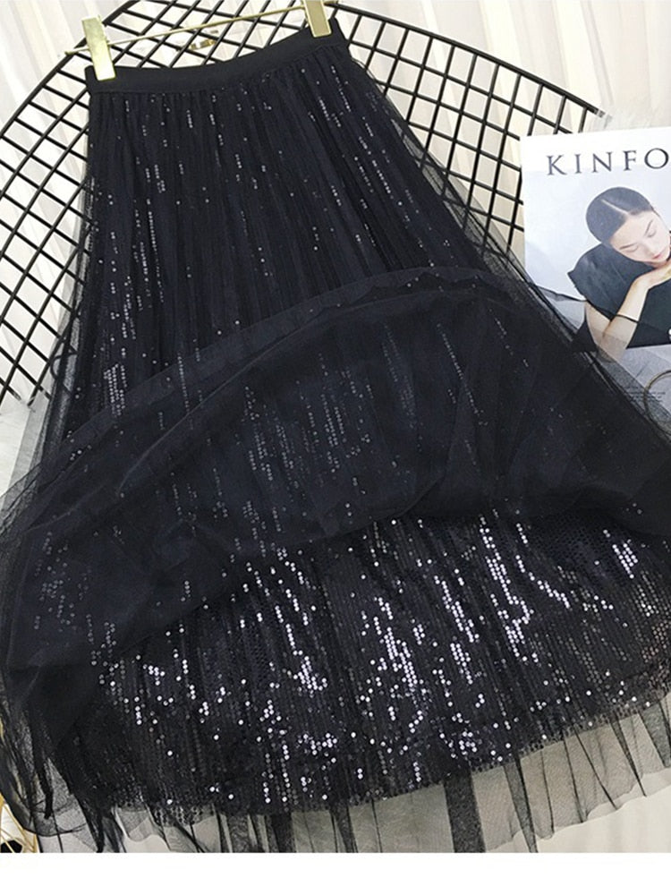 Fashion Sequined Long Tulle Skirt Women Aesthetic  Casual A Line Elastic High Waist Midi Mesh Skirt