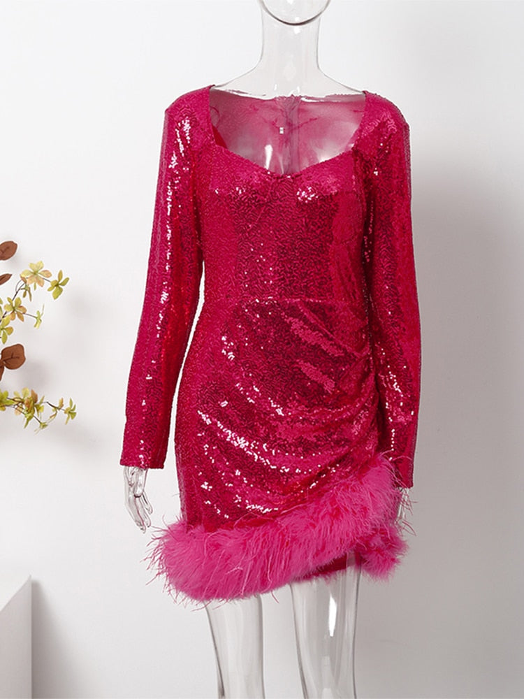 Sexy Feather Sequin Dresses Fall Long Sleeve Square Collar Mini Dress