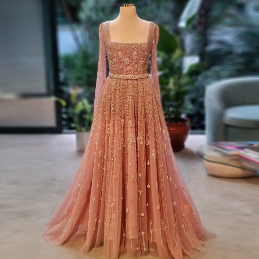 Luxury Pink Dubai Evening Dresses for Women Wedding Square Neck Cap Sleeves Arabic Muslim Formal Party Gowns