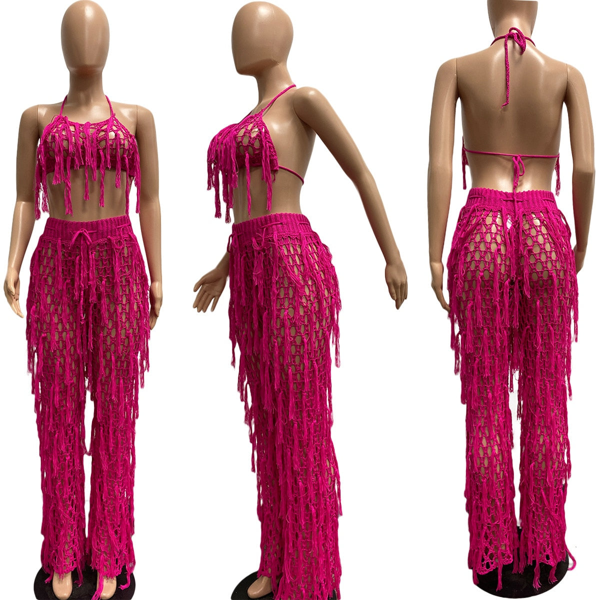 Knit Rib Tassel 2 Piece Set Sexy Fishnet Halter Lace Up Crop Top + Pants See Through