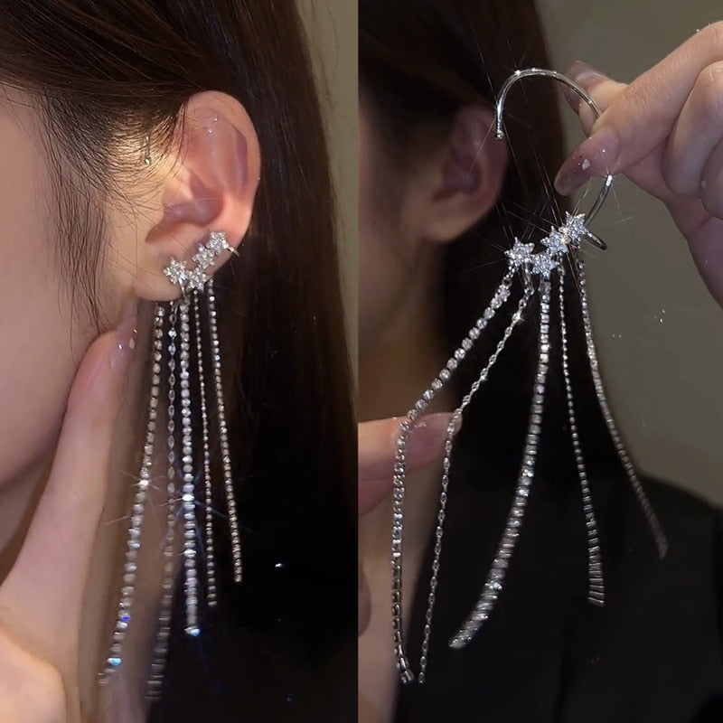 Fashion Sparkling Long Tassel Crystal Stars Ear Clip Without Piercing Exquisite Light Luxury Jewelry