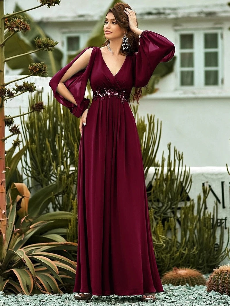 Elegant Evening Dresses Chiffon Long A-LINE long sleeves V-neck