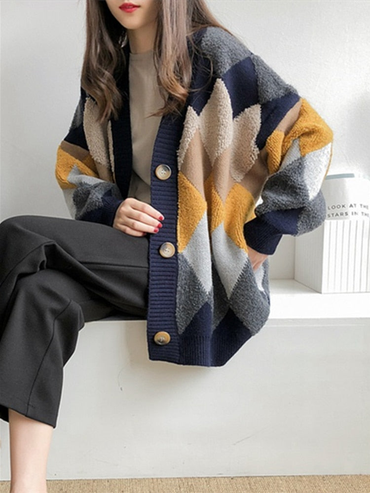 Cardigans Button Puff Sleeve Checkered Oversized Women's Sweaters