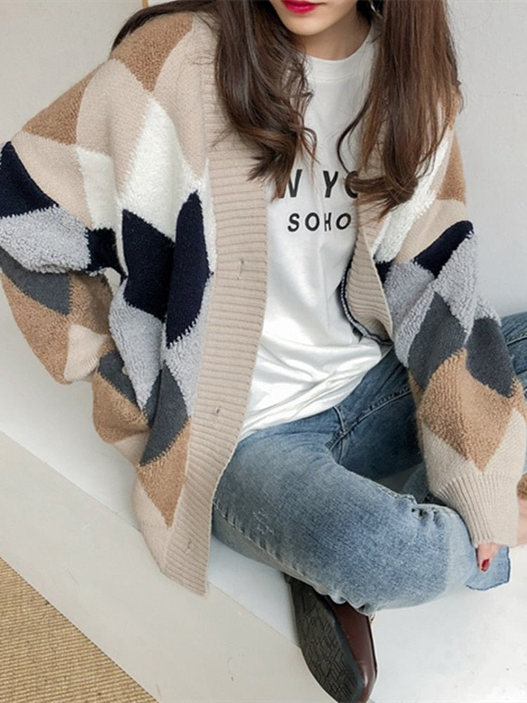 Cardigans Button Puff Sleeve Checkered Oversized Women's Sweaters