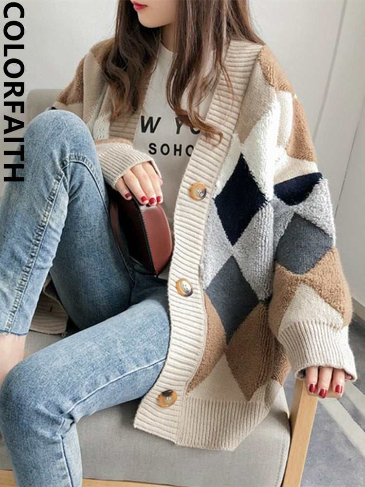 Cardigans Button Puff Sleeve Checkered Oversized Women's Sweaters